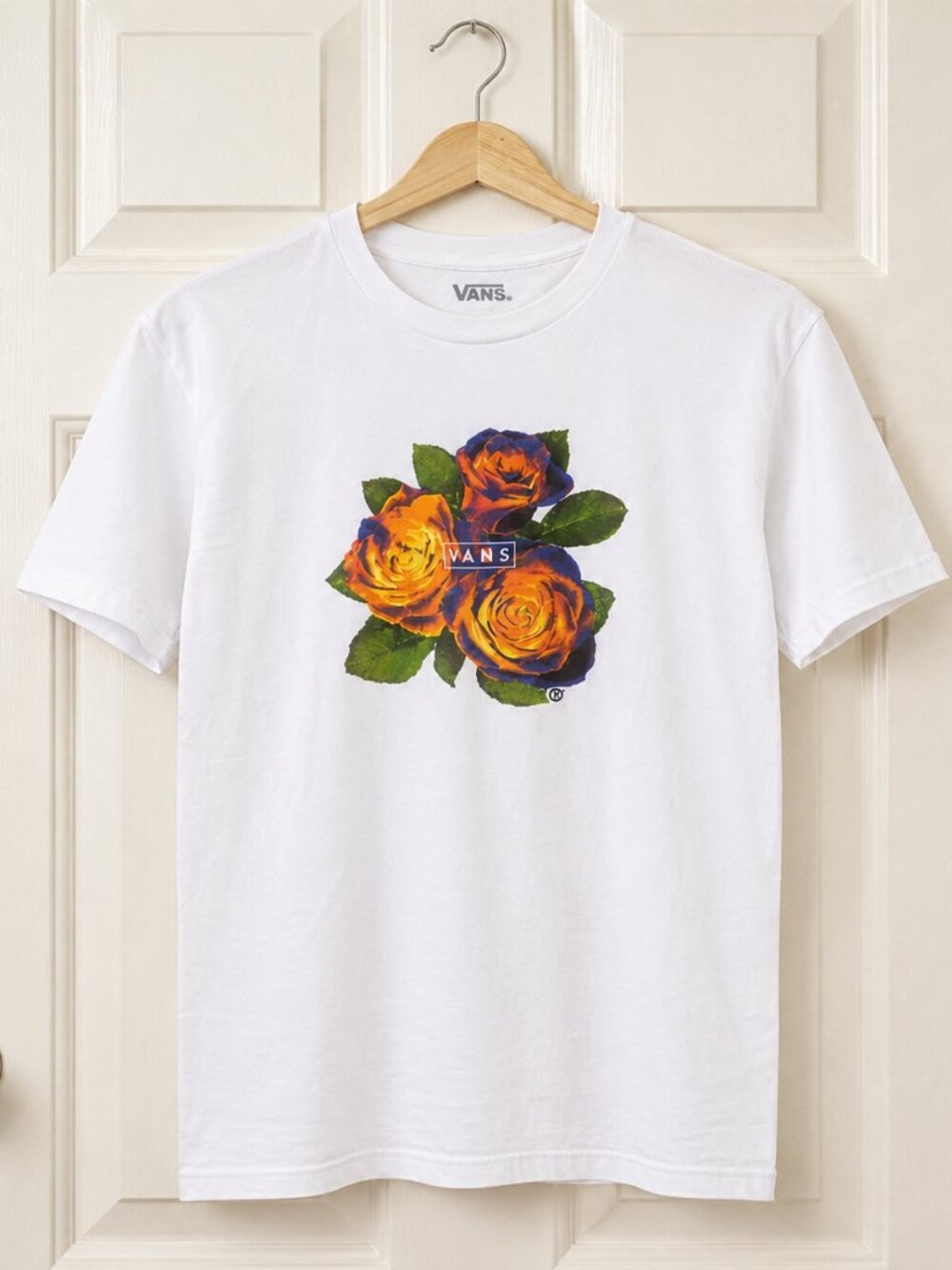 Vans Womens Small T-Shirt Classic Fit White With Orange Blue Rose Floral Graphic